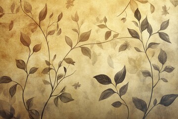 Vintage botanical illustration featuring delicate leaves and floral patterns on a textured background
