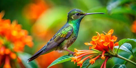 Colorful hummingbird perched on vibrant tropical flowers in nature