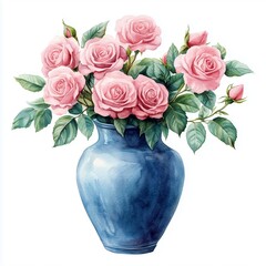 Fototapeta premium waterccolor A vintage blue vase filled with fresh pink
