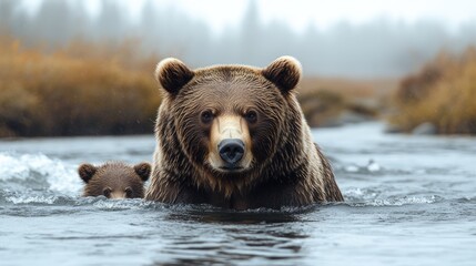 A mother bear and her cub wade through a misty river surrounded by autumn foliage
