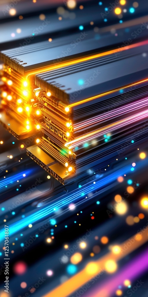 Poster digital core of artificial intelligence is depicted in vibrant colors, showcasing glowing circuits a