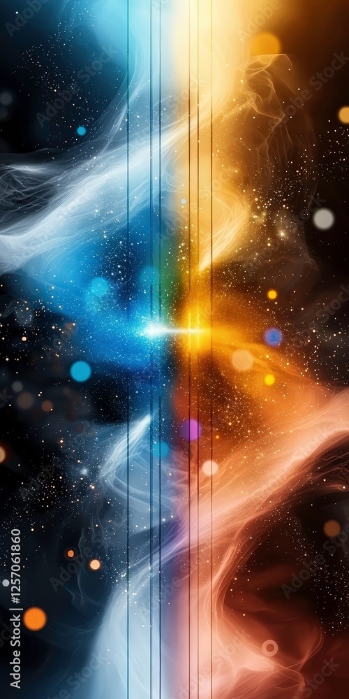 Poster vibrant digital artwork featuring cosmic scene with swirling blue and gold nebulae, intersected by v