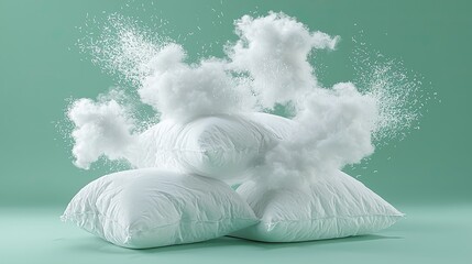 Soft white pillows exploding with fluffy filling against a mint green background, creating a playful scene
