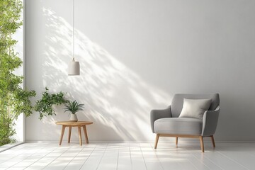 Minimalist Scandinavian living room grey armchair wooden table bright space natural light