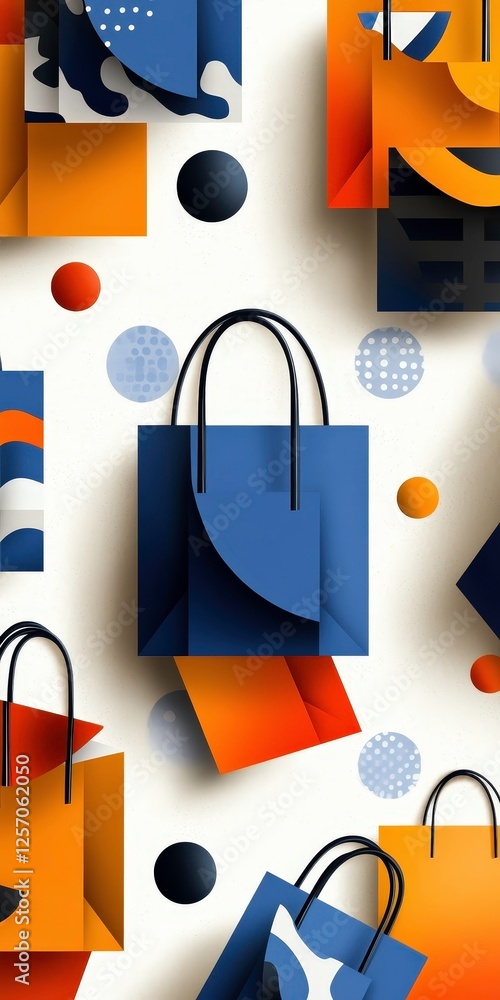 Poster artistic patterns of shopping bags with geometric designs and vibrant colors create dynamic visual. 