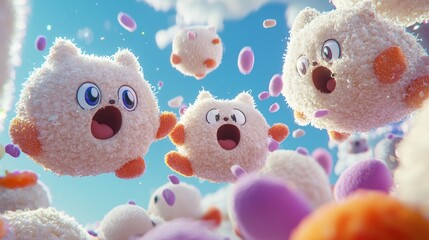 Playful fluffy creatures floating in a colorful sky, surrounded by vibrant candy-like elements
