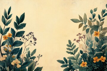Vintage floral illustration featuring various plants and flowers on a textured background