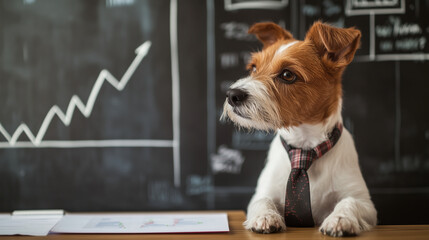 A dog with a tie, on a minimalist backdrop, looking at a simple graph