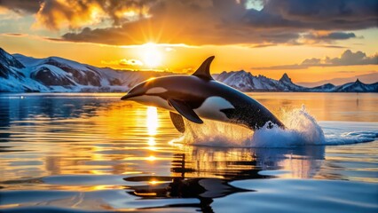 Stunning Dolphin Leaping from Serene Ocean against Sunset Backdrop