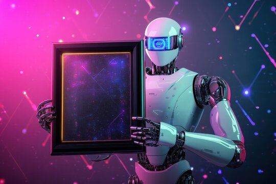 Surrounded by a futuristic neon gradient, this high-resolution modern robot holds a black frame with beveled edges for a bold display