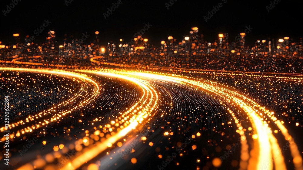 Poster golden light trails curve through cityscape, creating futuristic and dynamic atmosphere. glowing pat