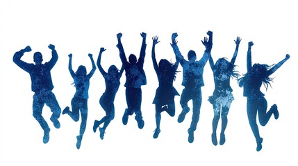 Group of joyful individuals leaping in celebration against a white background, conveying happiness