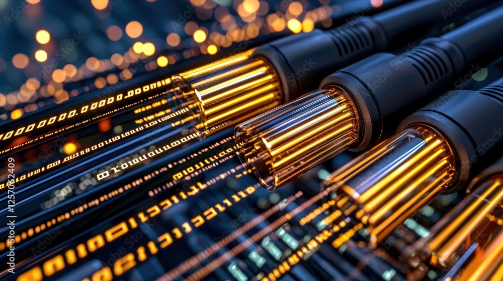 Aufkleber close up view of glowing fiber optic cables with digital data streams, symbolizing high speed intern