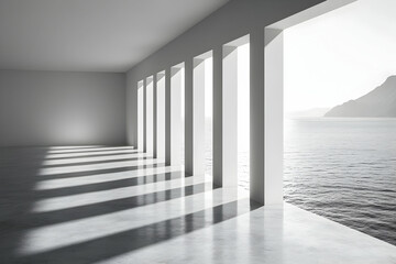 Obraz premium Modern seaside building interior, sunlight, ocean view, calm