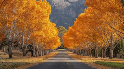 scenic pathway lined with vibrant autumn trees, their golden leaves creating stunning contrast against distant mountains. serene atmosphere invites peaceful walk