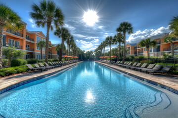 Obraz premium A stunning shot of the pool at The Edmonson Hotel, a luxury resort in Parkgotha, Florida, with a serene blue pool, palm trees, and lounge chairs, all under a radiant, clear sky.