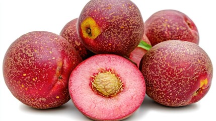 Freshly cut red plums arranged with whole plums, showcasing vibrant colors and textures
