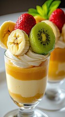 delicious tropical dessert parfait with layers of creamy banana pudding, topped with fresh banana slices, kiwi, and strawberries, garnished with whipped cream