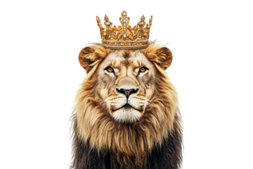 A majestic lion wearing a royal crown, isolated on bright white background PNG.AI GENERATED