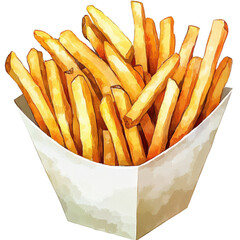 A paper tray holding crispy golden French fries, illustrated with a designer’s artistic touch, centered precisely with enough margin, transparent background, PNG