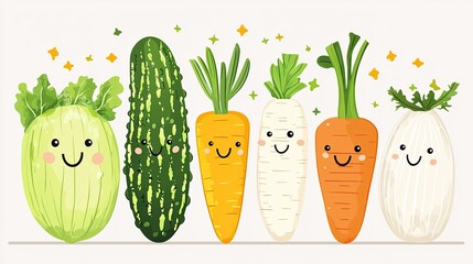 Cute cartoon vegetables with smiling faces lined up on a light background, showcasing freshness