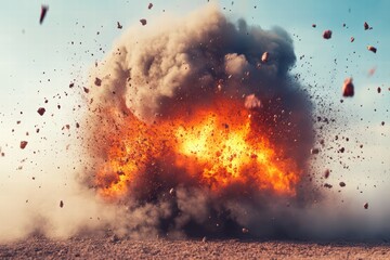 Dramatic Explosion with Flames and Debris Against Clear Sky