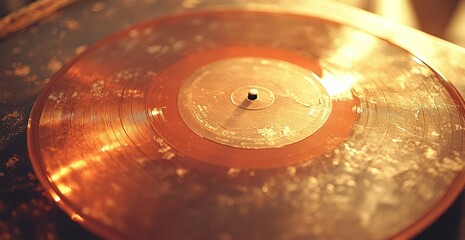 Vintage vinyl record spinning on a turntable, warm sunlight illuminating dusty surface