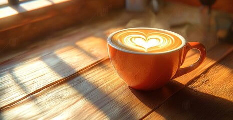 Warm cup of latte art on a wooden table with sunlight streaming through a window