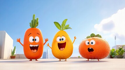 Three animated fruits with cheerful expressions enjoying a sunny day on a rooftop garden