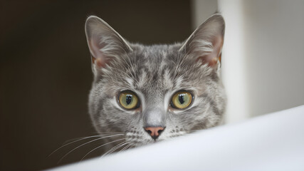 Fototapeta premium Curious gray cat peeking over a white surface.