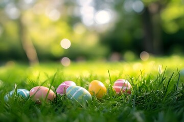 Fototapeta premium Children Excitedly Hunting for Hidden Easter Eggs in Lush Park