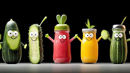 Playful characters made from fruits and vegetables stand together, showcasing vibrant colors and smiles