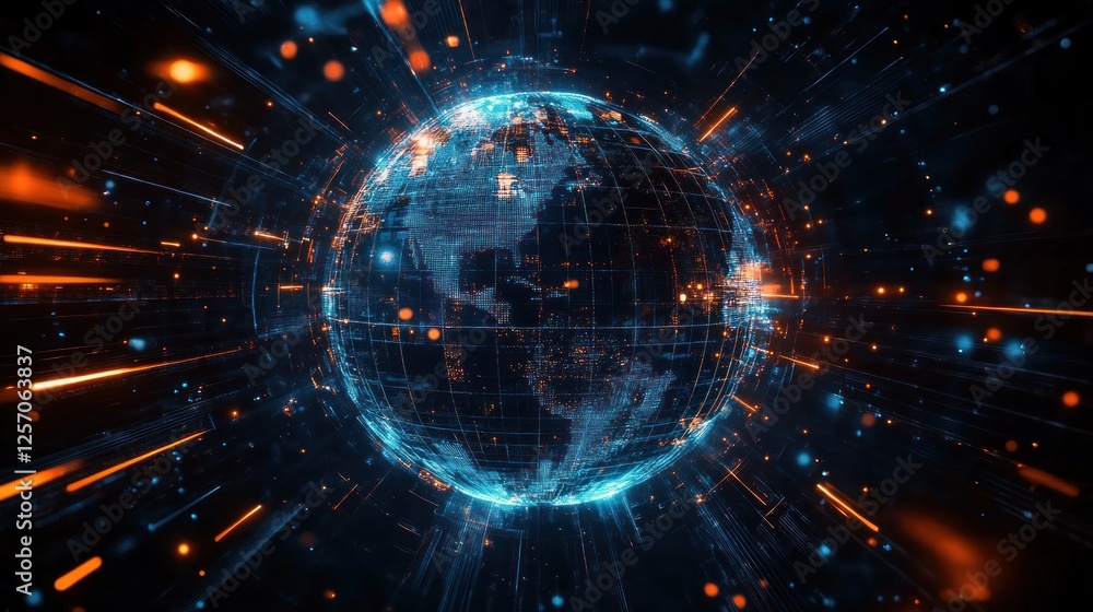 Poster futuristic digital globe visualization with glowing particles and cyberspace connections in cyberpun