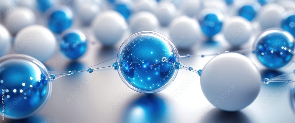 Poster abstract design of interconnected spheres in blue and white for communication and networking