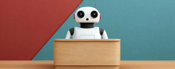 Robot Presenter at a Modern Desk with Colorful Background