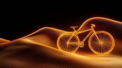 Fototapeta premium glowing bicycle outline is set against backdrop of undulating golden dunes, creating surreal and futuristic atmosphere. luminous lines of bike contrast with dark background, highlighting its sleek