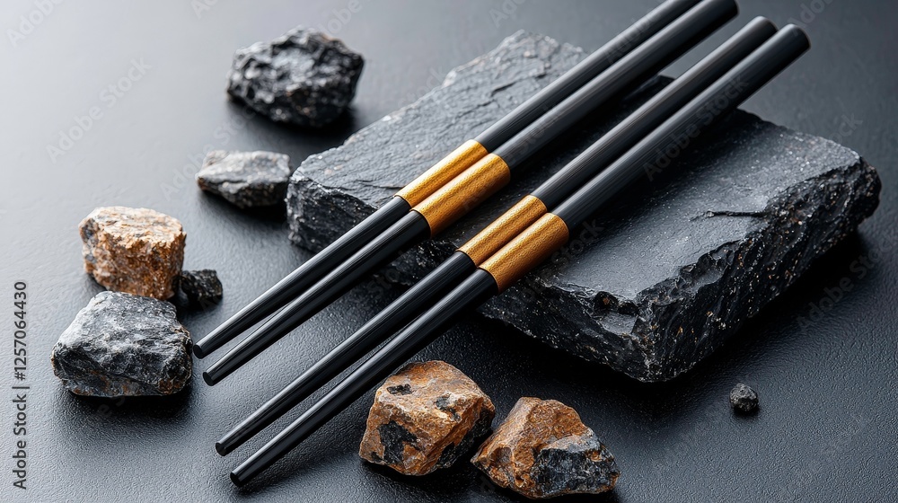 Poster black chopsticks with yellow line rest on textured stone surface, surrounded by dark and gold rocks,