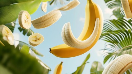 66.A stunning 3D illustration of a peeled banana and slices flying in the air, set against a clear sky and lush tropical foliage. The realistic design focuses on the vivid textures of the banana and