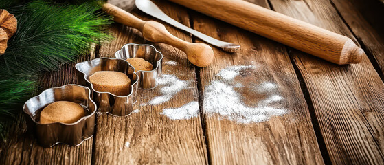 A cozy scene of baking with cookie dough, rolling pin, and cookie cutters arranged on a rustic wooden surface, sprinkled with flour.