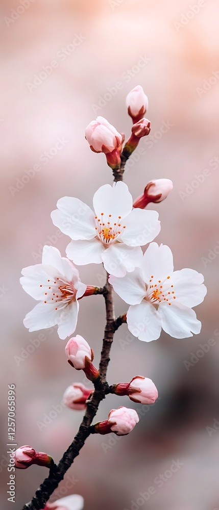 Poster Spring blossom branch, garden closeup, blurred background, phone wallpaper