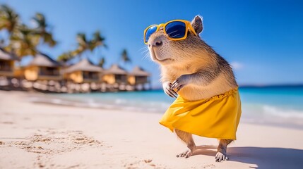 Obraz premium A capybara wearing sunglasses and a yellow skirt stands on a sandy beach with a tropical backdrop, exuding a fun and summery vibe.