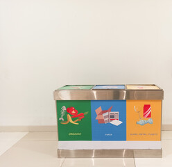 Modern trash bins for waste segregation. Separate waste collection. Management recycle garbage