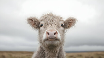 Fototapeta premium Calf portrait, cloudy field background, rural farm scene