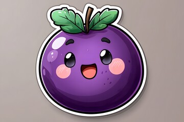 A purple fruit with a face, green leaf on top, and pink cheeks.