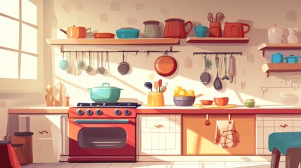 Sunny Kitchen Interior with Utensils and Food