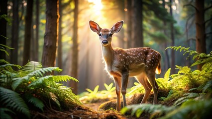 Gentle Fawn Standing in Sunlit Forest Surrounded by Ferns