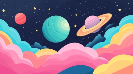 Obraz premium A cosmic scene with planets, stars, and colorful space clouds