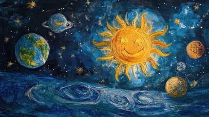 Happy sun, planets, and stars in space, painted artwork.