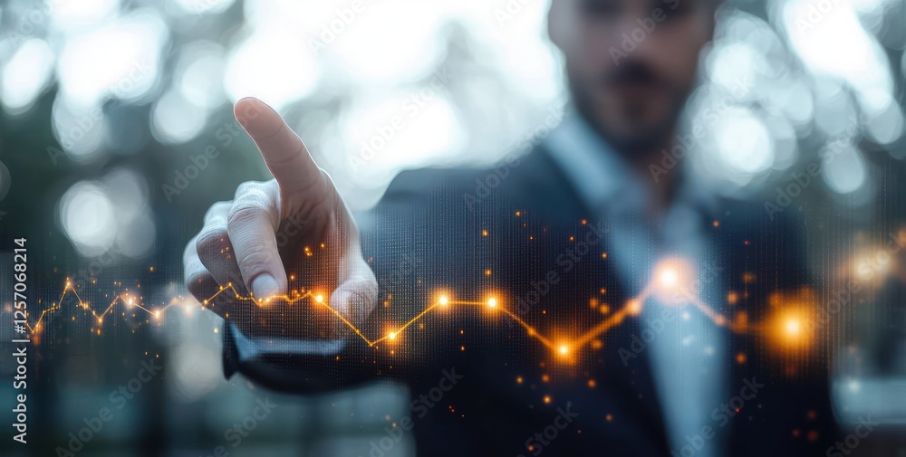Poster businessman analyzing growth through digital graphs and charts for improved performance and success