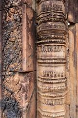 Close-up of decorative wall carvings at Banteay Srei, or Citadel of Women, a Hindu temple in Angkor, Cambodia
